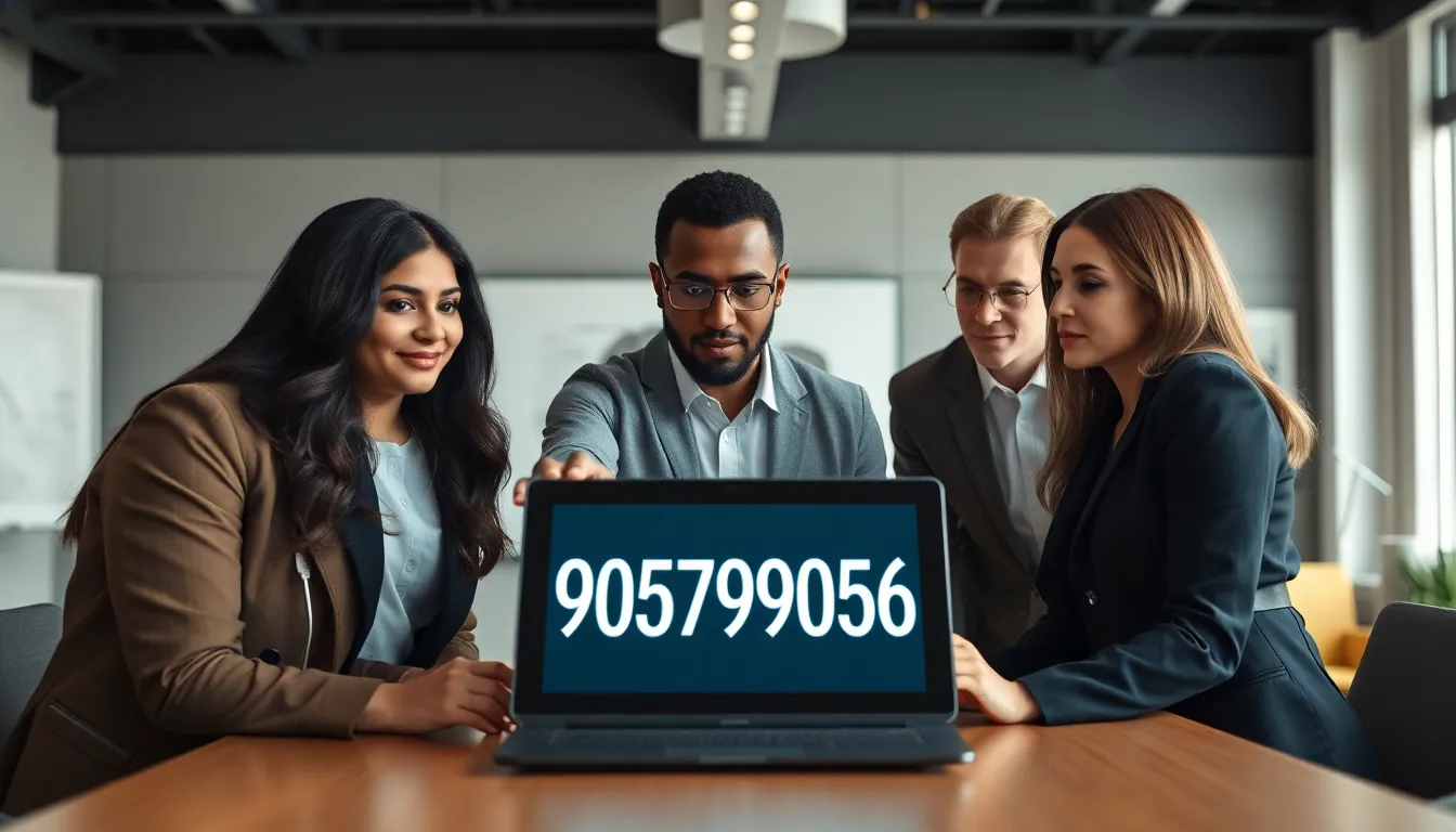 professionals discussing the significance of the number 9057690596 in an office.